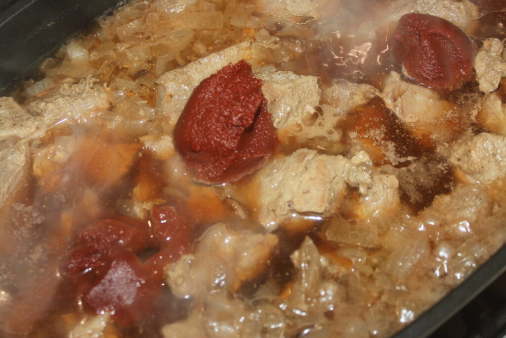Gros plan d'un ragoût mijoté avec des morceaux de viande, des oignons coupés en dés et des cuillerées de concentré de tomates dans un bouillon liquide.