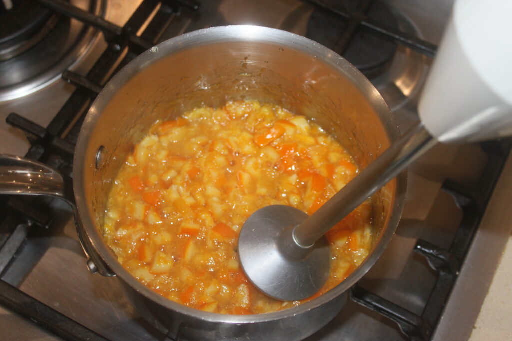 Une marmite de cuisinière contient un mélange de fruits vibrant, les saveurs se mêlant à un mélangeur à immersion, faisant allusion au zeste d'orange un clin d'œil au piquant des Tartelettes crème d'orange pour rehausser votre plat.