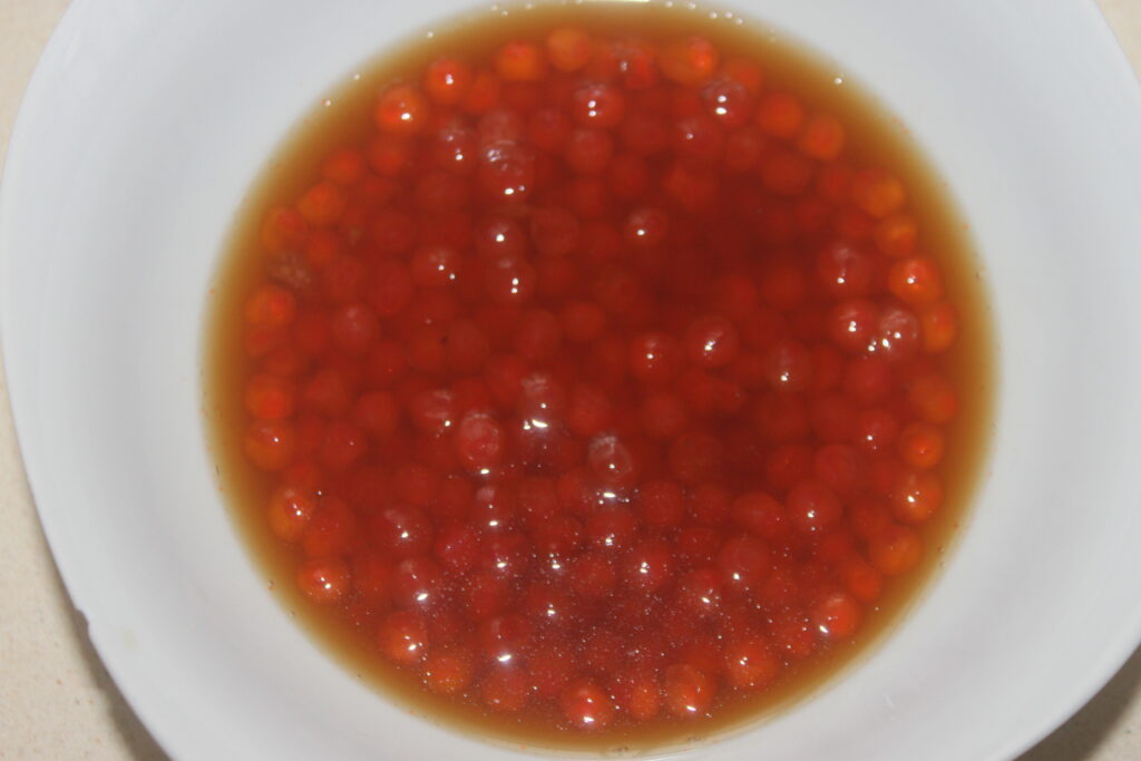 Un bol blanc rempli de petites baies rouges immergées dans un liquide brun.