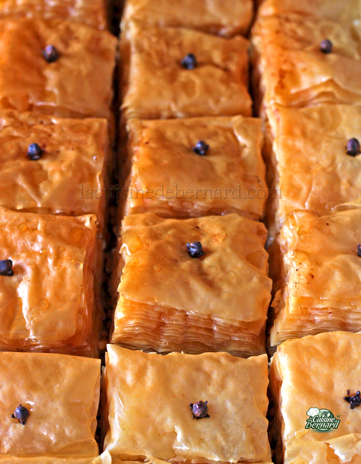 Gros plan de plusieurs morceaux de baklava disposés en rangées. Chaque pièce comporte des couches de pâte feuilletée, un revêtement de miel brillant et un clou de girofle au centre, mettant en valeur la riche tradition du baklava grec avec des notes de noix écrasées partout.