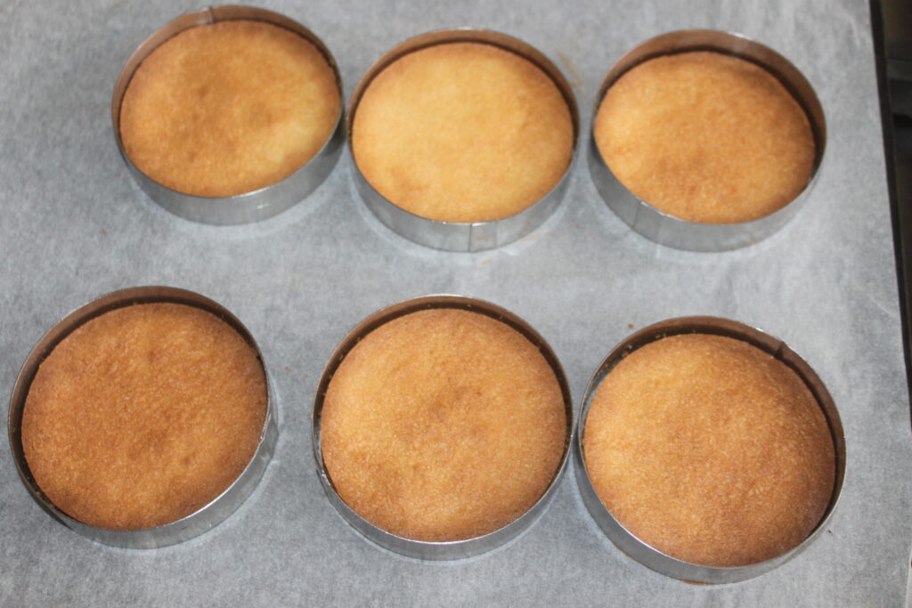 Six disques de génoise uniformément ronds et dorés cuits sur une plaque à pâtisserie tapissée de papier sulfurisé, chacun dans des anneaux métalliques individuels, prêts à être transformés en délicieuses tartelettes fraîches avec une garniture chantilly mascarpone citron vert.