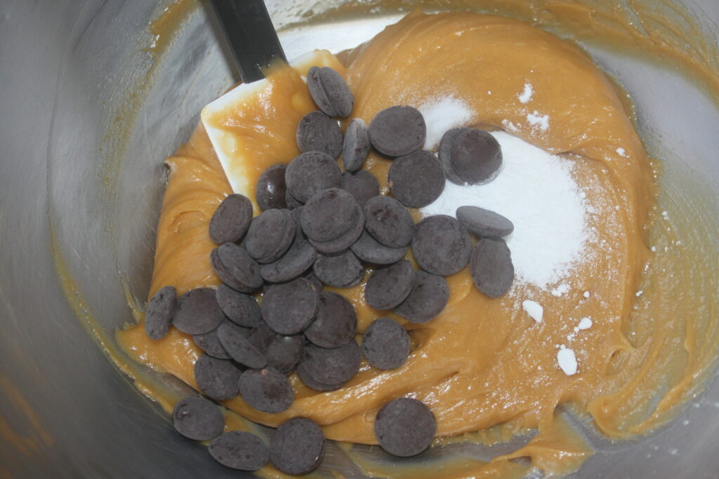 Un bol en métal contenant de la pâte à biscuits, des pépites de chocolat, des tranches de banane et un ingrédient poudreux blanc mélangé à l'aide d'une spatule.